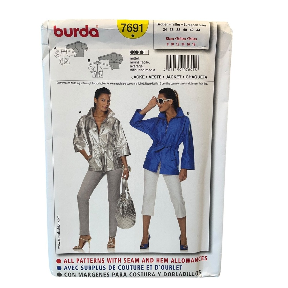 Burda Jacket Sewing Pattern Women Size 8-18 7691 Semi-Fitted Belted Zip Front